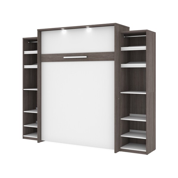 Cielo 105W Queen Murphy Bed with 2 Narrow Shelving Units (104W), Bark Grey & White